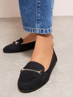 EUC Express Black Suede Loafers with Gold Chain Accent